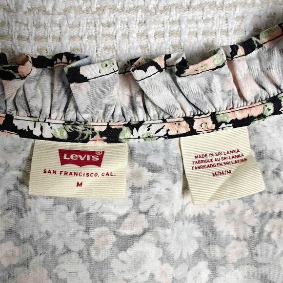 Levi’s Floral Crop Top Puff Sleeve Smocked Blouse Black Multicolor Size M NEW - Picture 6 of 8
